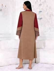 2026 New Style Ramadan Traditional Elegant Embroidered V-Neck Long Sleeve Dress, Jalabia Arabic Women Clothing - Apricot - View 12