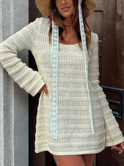 2026 Vestido de punto de unicolor de alta calidad, diseño de calado a la moda con cuello redondo, artículo de caliente para primavera/verano, estilo casual y cómodo sexy para la calle, ideal para salidas, ropa de mujer de moda