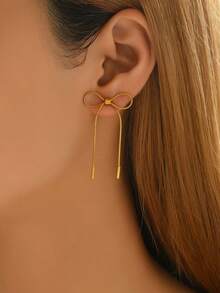 1 Pair Elegant Bowknot Tassel Earrings, Shiny Golden Color Showcases Graceful Lively Tassel Design, Suitable For Various Occasions - Earring - View 2