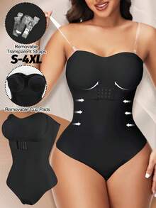 Women Sexy Removable Strap Body Shaper S-4XL Padded Bra Front Closure Hipster Bodysuit Tummy Control Shapewear Thong,Push Up Tube Tops Strapless Shapewear Bodysuit For Women With Built-In Bra Front Closure Bra Thong Underwear Invisible For Wedding Dresses - 黑色 - 查看 1
