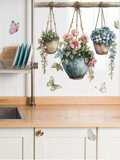 1pc Small Colorful Floral & Greenery Hanging Basket Wall Decal, Removable Bedroom/Living Room Wall Sticker