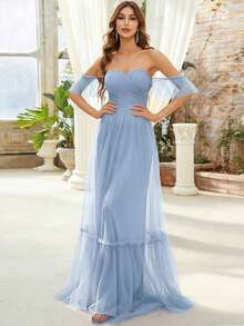 Romantic Spring Off-Shoulder Ruffle Mesh Bridesmaid Dress, Light Blue, Wedding Party Guest, Graduation, Birthday Party - Baby Blue - View 5