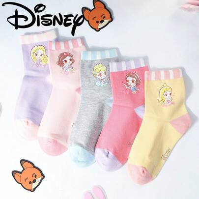 Disney 5双装迪士尼儿童袜子，适合春、夏、秋季穿着，印有艾莎公主卡通图案，透气舒适，男女童皆宜，适合日常上学和居家穿着。