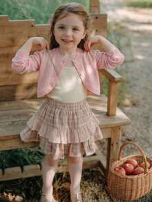 女童甜美镂空短款针织开衫，轻薄春夏空调披肩 - 粉色 - 查看 3