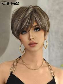 7JHH WIGS 8英寸棕色精灵短发假发，女士款 - 优雅超短层次假发，带刘海，米色挑染，天然耐热合成纤维，适合日常佩戴、音乐节庆典等场合。 - 挑染棕色 - 查看 6