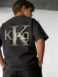 青少年男童印花短袖T恤，学生休闲夏季上衣 - 深灰色 - 查看 1