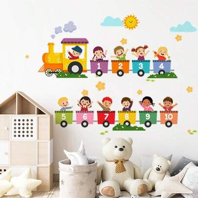 自粘式火车车厢编号墙贴，带有云朵和星星图案，适用于卧室和教室的早教装饰贴纸，也适用于活动室和青少年卧室的墙面装饰贴纸，一次性使用，可移除贴纸