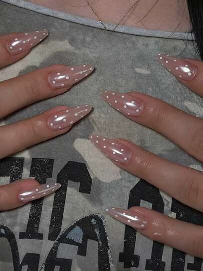 24pcs Medium Almond Press On Nails Polka Dot Nails Design Shimmery Glossy Full Cover For Women Girls Daily Wear Fake Nails