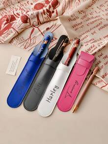 Customized Personalized PU Leather Pencil Case & Pens And Pencil Cases, Creative Gifts, Laser-Engraved Letters, Flip-Top Leather Cover, Gift Office Supplies Gifts, Engraved Student Pens, Teacher Gifts, Men's Gifts, Personalized Business Gifts Pens And Pencil Cases - White - View 4