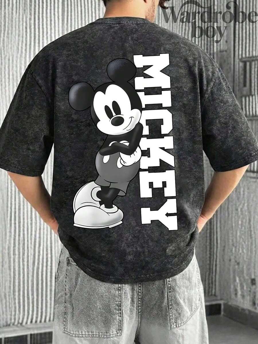 Disney Printed Wash Water T-Shirt,Men's Mickey Classic Pose Printed T-Shirt,Unisex,High-Quality Pure Cotton T-Shirt,Suitable For All Seasons, Comfortable And Breathable| Exquisite Design | The Best Choice For Giving Gifts - 黑色 - 查看 1