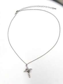 Elegant Cross With Crown Detail Necklace - Women's Delicate CZ Embellished Accessory - White Gold - View 8