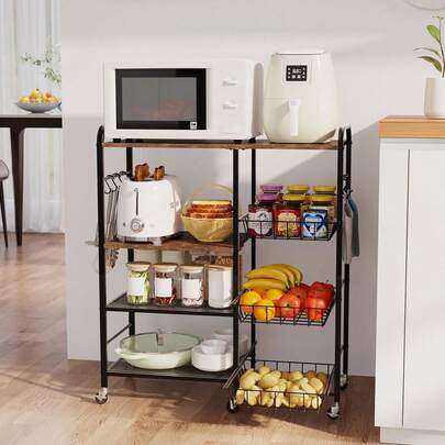 HapiRm Rolling Kitchen Microwave Cart - 4 Tier Microwave Table Stand With Pull-Out Baskets, Coffee Bar Baker's Rack With Wheels Rolling Storage Cart Organizer Shelf For Living Room Office, Balcony