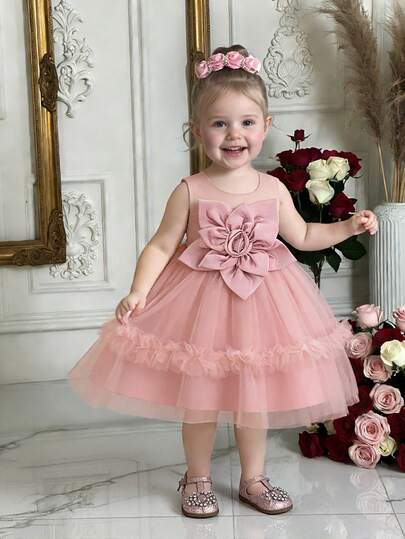 Baby Girls Satin 3D Floral Mesh Cute Flower Girl Wedding Dress Puffy Princess Gown, Suitable For Holidays, Celebrations, Birthday Parties, Does Not Include Headband
