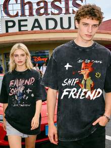 Disney Zootopia Judy Hopps And Nick Wilde Friend Ship Couple Vintage Washed T-Shirts 180g Washed Cotton Mickey And Minnie Flower Bouquet Loose Short-Sleeved Couple's Outfit - Đen 2 - Xem 1