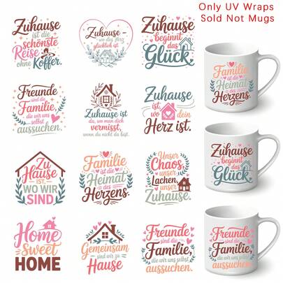 12pcs German Family Sayings UV DTF Transfer Paper, Family House Quote Design, Suitable For 16oz Libbey Glasses, Plastic Decals, Suitable For Mugs, Bottles, Crafts - Ideal Family Gift