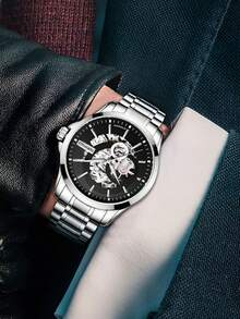 1 pieza Reloj automático mecánico de esqueleto para hombre, correa de acero inoxidable, resistente al agua 30M, reloj de pulsera casual de negocios, cristal recubierto FW-6140 - Unitalla - Ver 7