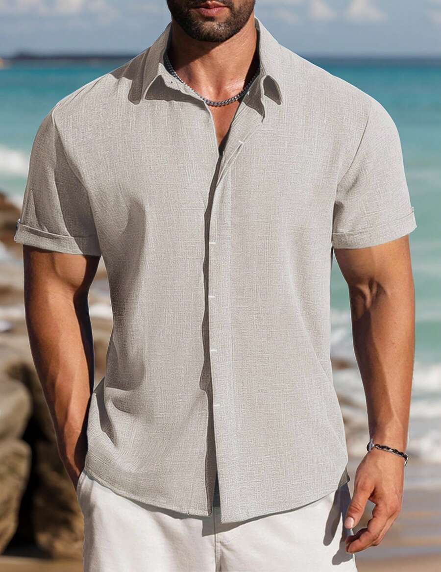 Mens Short Sleeve Linen Shirts Button Down Casual Summer Beach Tops For Daily Commute - 石頭色 - 查看 1