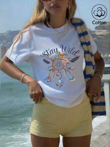 Spring/Summer New Cotton Stay Wild Dreamcatcher Print T-Shirt, Comfortable And Stylish For The Bohemian Soul - 白色 - 查看 2