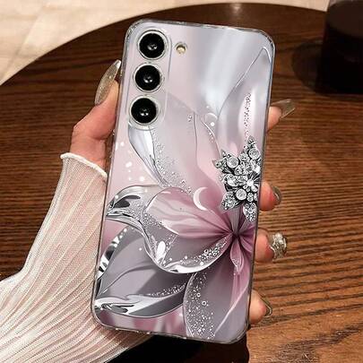 Pink 3D Rhinestone Shockproof Floral Painted Transparent Creative Phone Case Compatible With IPhone 17/17Pro/17ProMax, 16/11/16Pro/16Plus/16ProMax/16E/15ProMax/13/14/12/XS/XR/7G/8P, Galaxy S25/S25Plus/S25 Ultra/A16/A36/A26/A56/A50/A12/A32, International Version, Not The Domestic Version Spring Mom Gift