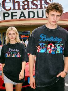 Disney Stitch And Angel Birthday Squad Couple Vintage Washed T-Shirts 180g Washed Cotton Mickey And Minnie Flower Bouquet Loose Short-Sleeved Couple's Outfit - 黑色 2 - 查看 1