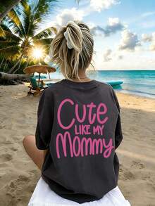 少女休闲印花圆领短袖T恤，夏季上衣 - 深灰色 - 查看 4