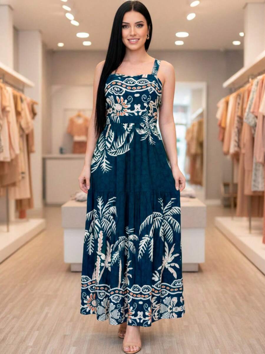 Women's Long Dress In Printed Viscose Linen With Tie Straps And Elastic Waistband - 藍色 - 查看 1
