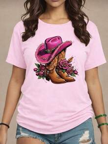 Camiseta Feminina CowGirl Chapéu e Botina camisa Blusa Gola Redonda Algodão - Rosa Bebê - Visão 1
