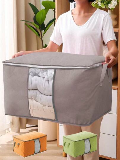 3 piezas/1 pieza Bolsa de almacenamiento de ropa y edredón con ventana transparente, ventana visible, bolsa de almacenamiento de edredón y ropa plegable a prueba de polvo de tela no tejida, bolsa de almacenamiento esencial para dormitorios familiares, bolsas de almacenamiento de mantas con cremallera, bolsa de almacenamiento de edredón plegable de tela no tejida, organizadores grandes para mantas, almohadas, edredones, ropa de cama