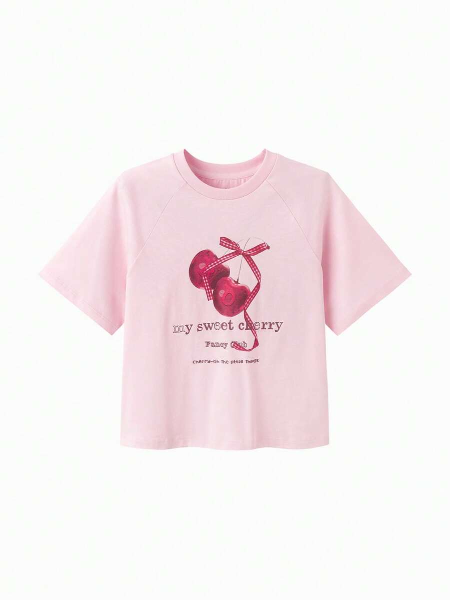 Balabala Girls' Short Sleeve T-Shirt, Cotton Fabric, Moisture-Wicking Quick-Dry Printed Top - Pink - View 1