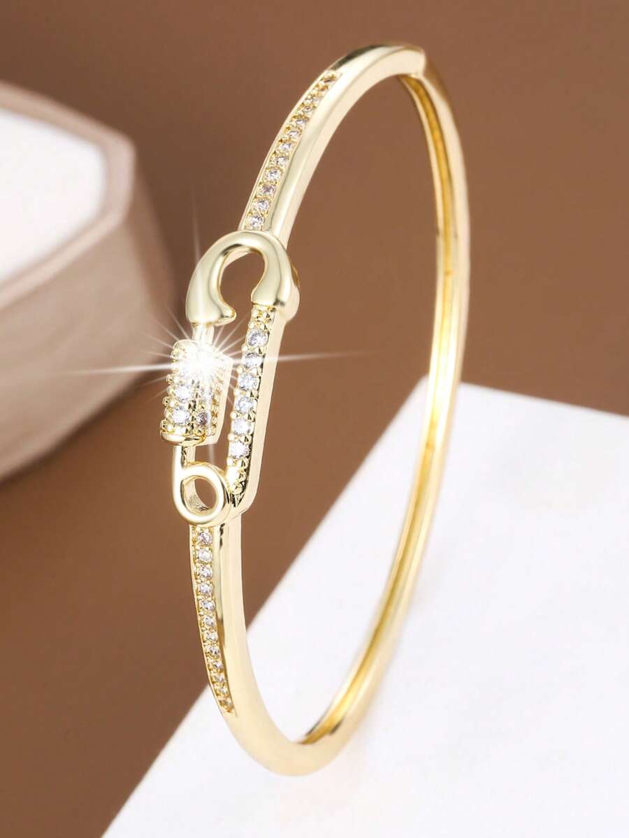1pc Unique Safety Pin Shaped Design Cubic Zirconia Inlaid Women Bracelet, Casual Gift - Multicolor - View 1