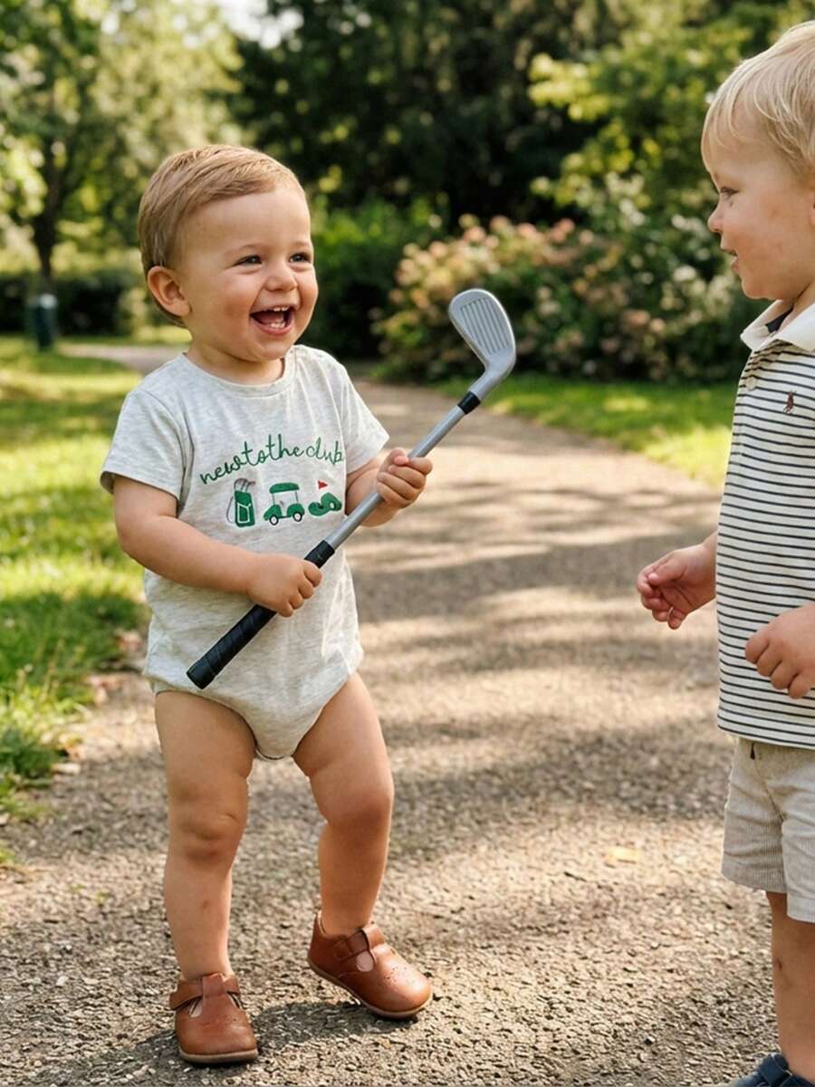 Mono de verano para bebés varones, manga corta, cuello redondo, bordado de golf, mono sencillo, ropa de uso diario informal, ideal para 0 a 12 meses - Gris - Ver 1