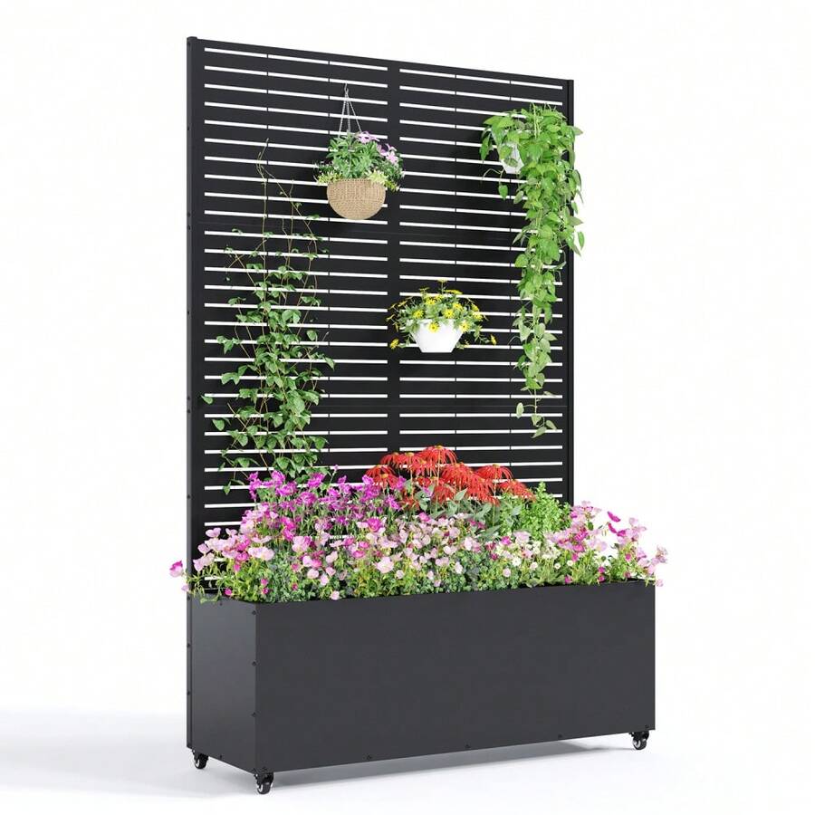 CuisinSmart Metal Planter Box With Trellis,Raised Garden Bed With Privacy Screen And Drainage Holes Idea For Climbing Plants, Vegetables & Vines - 有輪子的橫條紋 - 查看 1