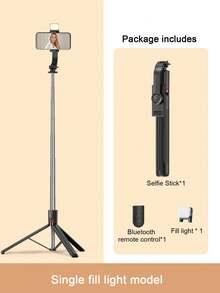 1.7m/69cm Portable Selfie Stick With LED Multi-Color Fill Light, Extendable Selfie Stick Tripod, Wireless Remote, Lightweight And Compact, Compatible With IPhone 16/15/14/13/12 Pro/Xs Max, Android Phones And GoPro - Black and White - View 17