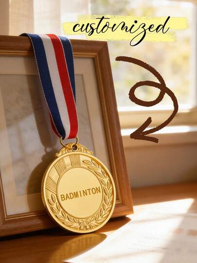 Customizable Gold Medal With Tri-Color Ribbon, Personalizable Engraved Award For Sports Tournaments, Competitions & Achievements, Ideal For Recognizing Excellence In Badminton, Soccer, Running & All Sports, Suitable For Coaches, Event Organizers, Students, Athletes & Gift Givers