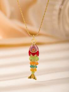 1pc Vivid Koi Fish Enamel Necklace, Multi-Color Unique Design Delicate Choker, Auspicious New Year Essential - Gold - View 5