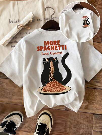 White Plus Size Regular Sleeve T-Shirt With 'More Spaghetti Less Upsetti' Cat Print Round Neck Casual Top Summer
