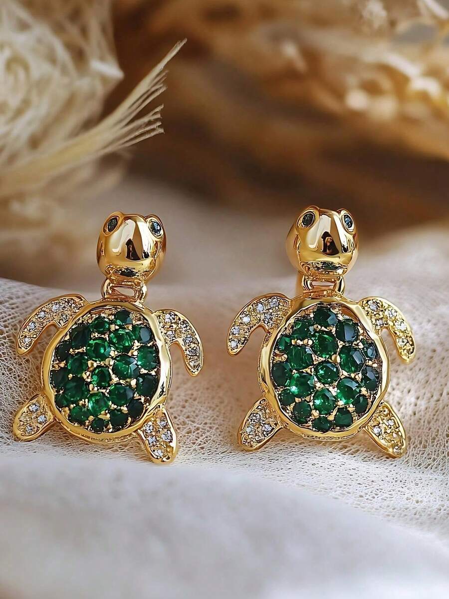 2件套女士时尚夏季可爱休闲沙滩海龟锆石耳钉，婚礼订婚派对珠宝礼物 - 金色 - 查看 1
