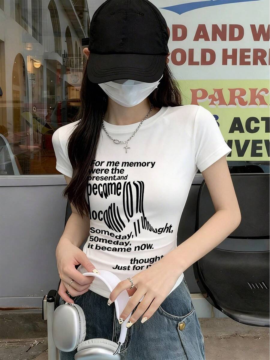 Áo thun nữ cổ tròn tay ngắn kiểu American Hot Girl, áo croptop thời trang mùa hè in chữ, đa năng, ôm sát. - trắng - Xem 1