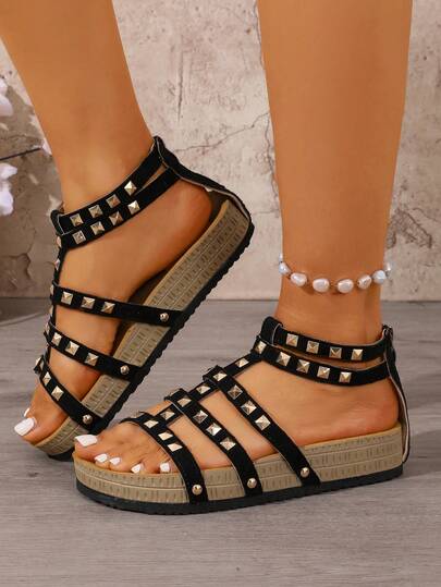 Women's Punk Rock Gladiator Sandals, Pyramid Studded Multi-Strap Open Toe Thick Platform Wedge Shoes, Faux Suede Summer Beach Party Casual Shoes