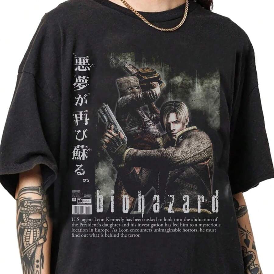 1Pc Retro Pirated Style  T-Shirts From The 1990s, Leon Kennedy T-Shirts, Unisex Retro  Theme T-Shirts Women T-Shirt,Men Tshirt , Unisex Style,Holiday T-Shirts, Gift Tee, Size S-4XL,Black - 黑色 - 查看 1