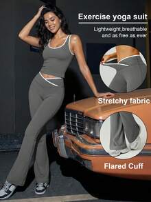 2pcs Women Contrast Color Sports Vest & Flared Pants Set, Fashionable Criss-Cross Waist Design - Grey - View 2