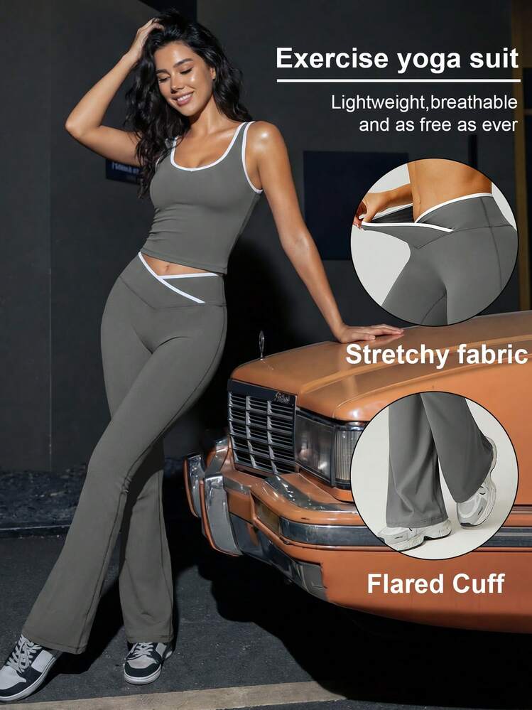 Set de 2 piezas de top deportivo y pantalones acampanados de mujer con diseño de contraste de color y cruce de cintura a la moda - Gris - Añade 1