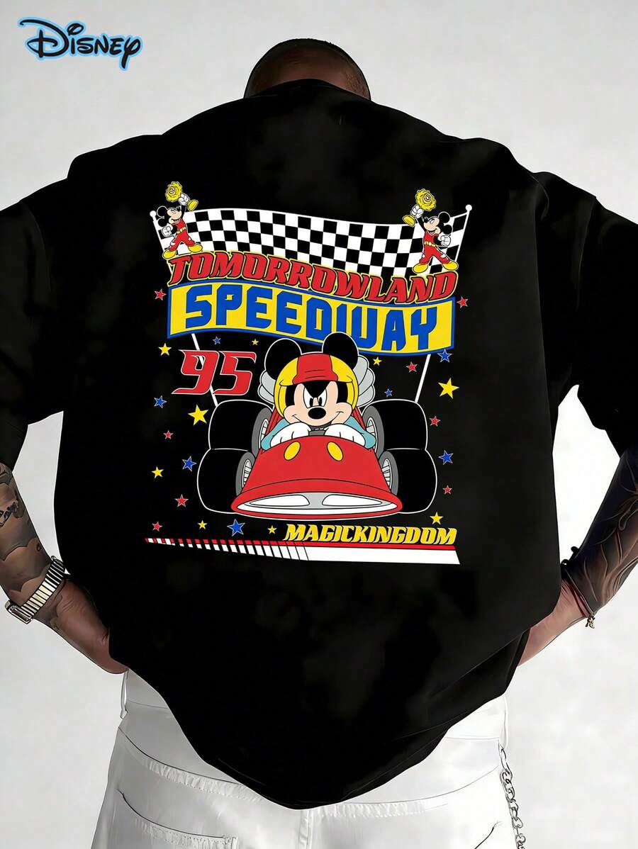 [Disney Authorization] Vintage Tomorrowland Racing T-Shirt, Disney Mickey Mouse And Car Tee, Mickey And Friends, Men's Summer Pure Cotton T-Shirt, Disneyland Family Matching Group Tee, Unisex T-Shirt, Suitable For Gatherings, Sports, Daily Wear, And Vacations, Ideal Choice For Racing Enthusiasts, Men's Gift - Black - View 1