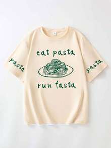 Women's Summer Casual Pasta Pattern Round Neck Short Sleeve T-Shirt - Beige - View 3