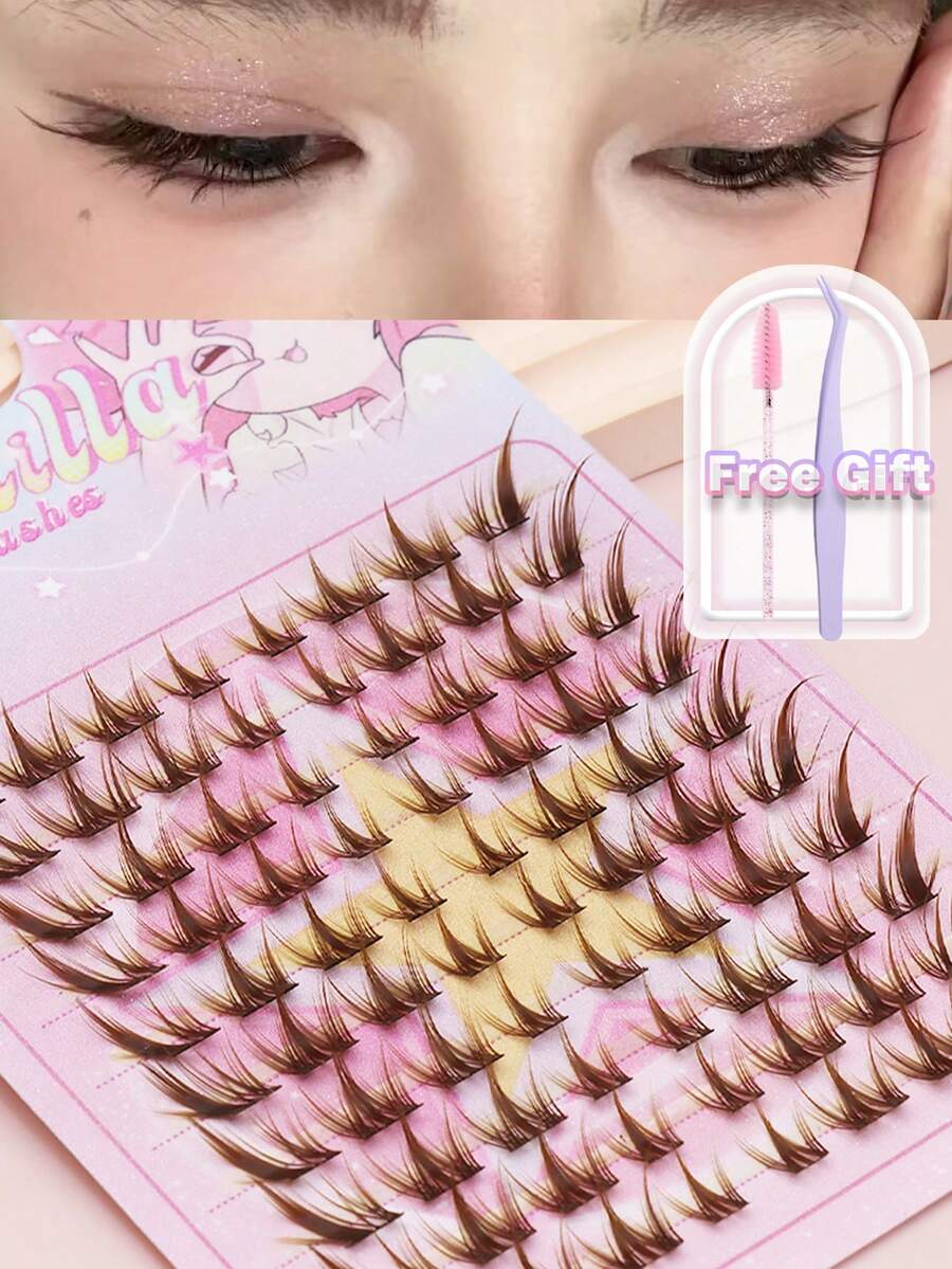Ayrmilla 80PCS C Curl Brown Style Eyelash Extension Winged Individual Lashes Natural Segmented Eyelash Bundles Makeup Tools DIY Prank Manga Fishtail Fairy 3D Mink Eyelashes, Cat Eye Extended Delicate Eyelashes, Slim And Light Fake Eyelashes - Brown - View 1