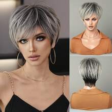 7JHH WIGS 8英寸铂金色精灵短发假发 - 优雅超短层次假发，带刘海，混合黑色挑染，耐热合成纤维假发，适合日常佩戴、音乐节庆典等场合。动漫或角色扮演假发配件 - 挑染金色 - 查看 13