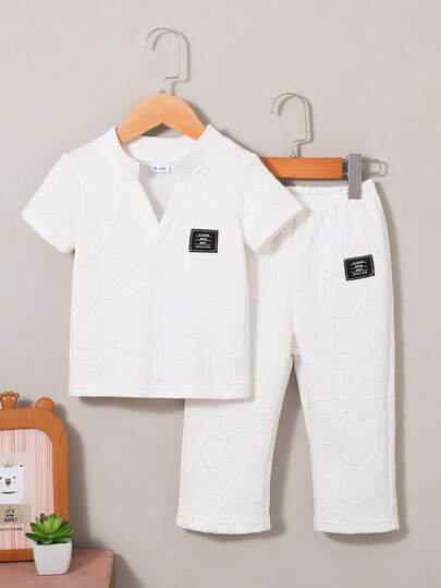 2 pièces Ensemble classique décontracté de Top à manches courtes en tricot et pantalon, convient aux bébés garçons