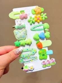 14件套女士时尚发夹套装，绿色，甜美可爱的泰迪熊和兔子卡通图案，款式多样，适合日常佩戴，女士发饰，推荐礼品，爪夹，发夹，发卡，发夹，发卡，发夹，发卡 - 綠色 - 查看 6