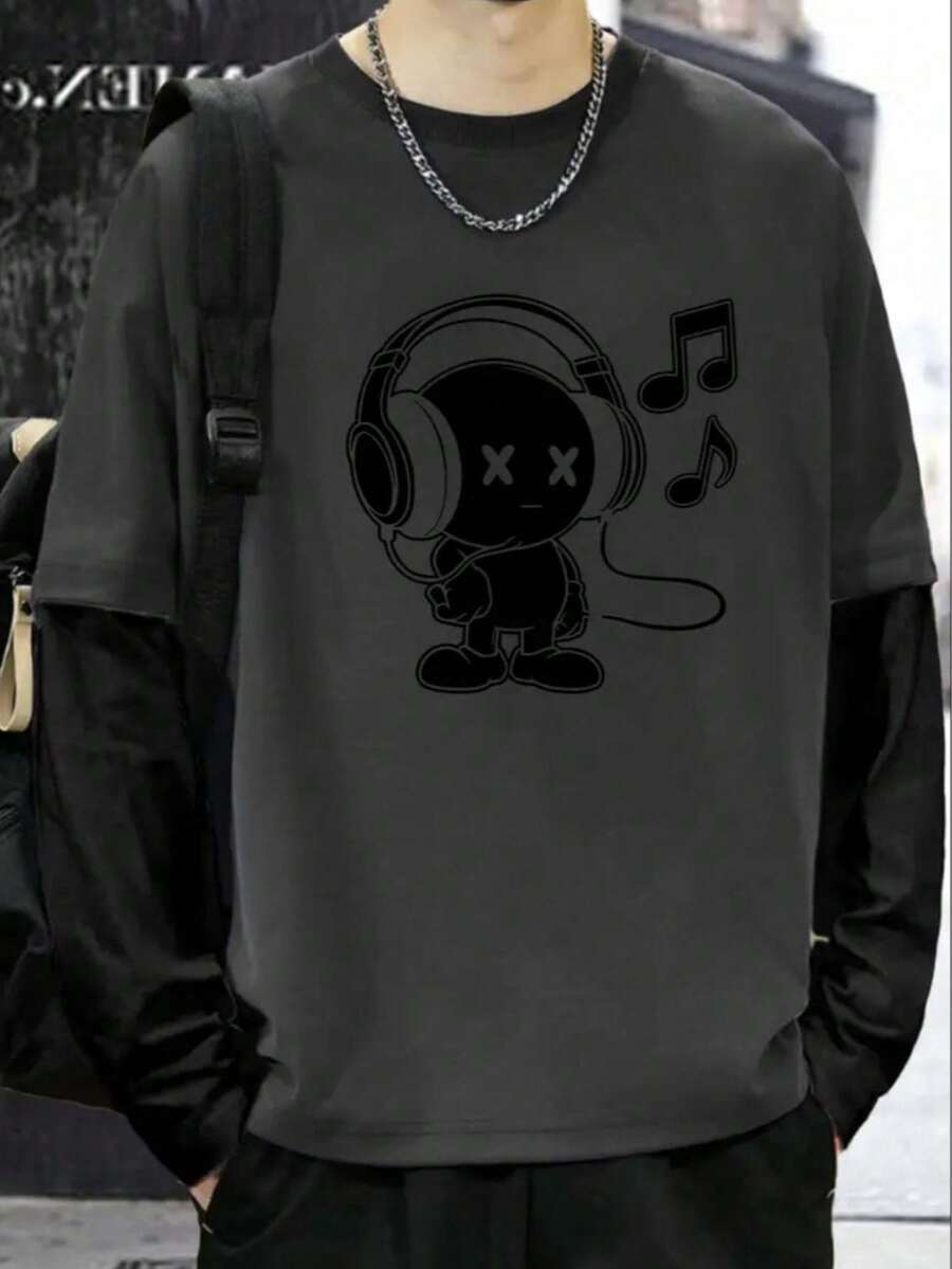 Long-Sleeved T-Shirt, Lead Gray, Streetwear Model: "Doll Listening To Music" - Tumblr Style/Special Release - 深灰色 - 查看 1