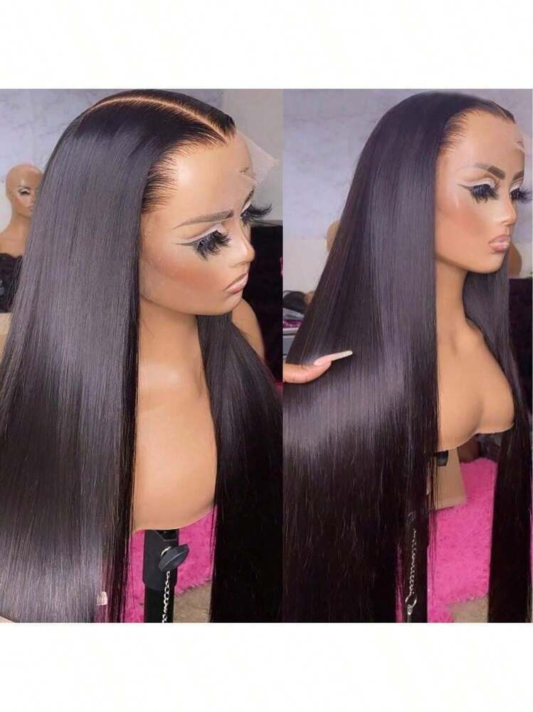 13x4 卷直发巴西 Remy 真发预拔毛卷直全蕾丝前假发，13x4 高清蕾丝闭合直发混纺纤维合成假发，女士款，32 英寸耐热 - 自然色&黑色系 - 查看 20